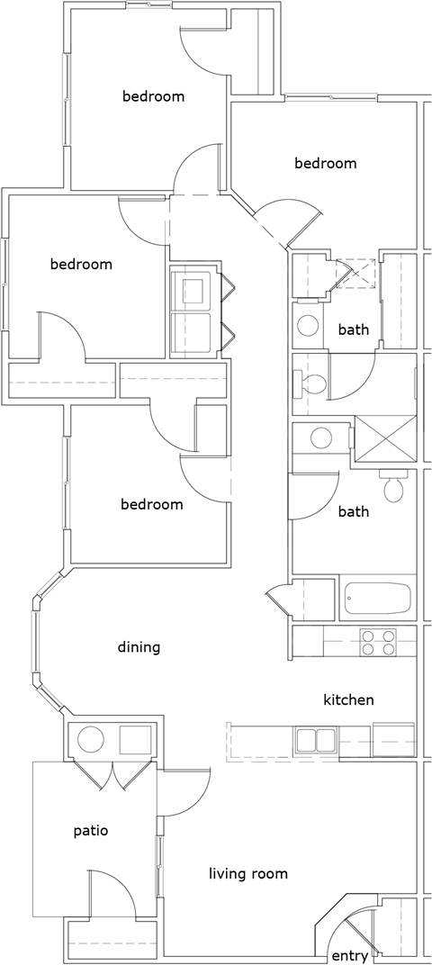 Floor plan for 4 beds, 2 baths, 1401 sqft